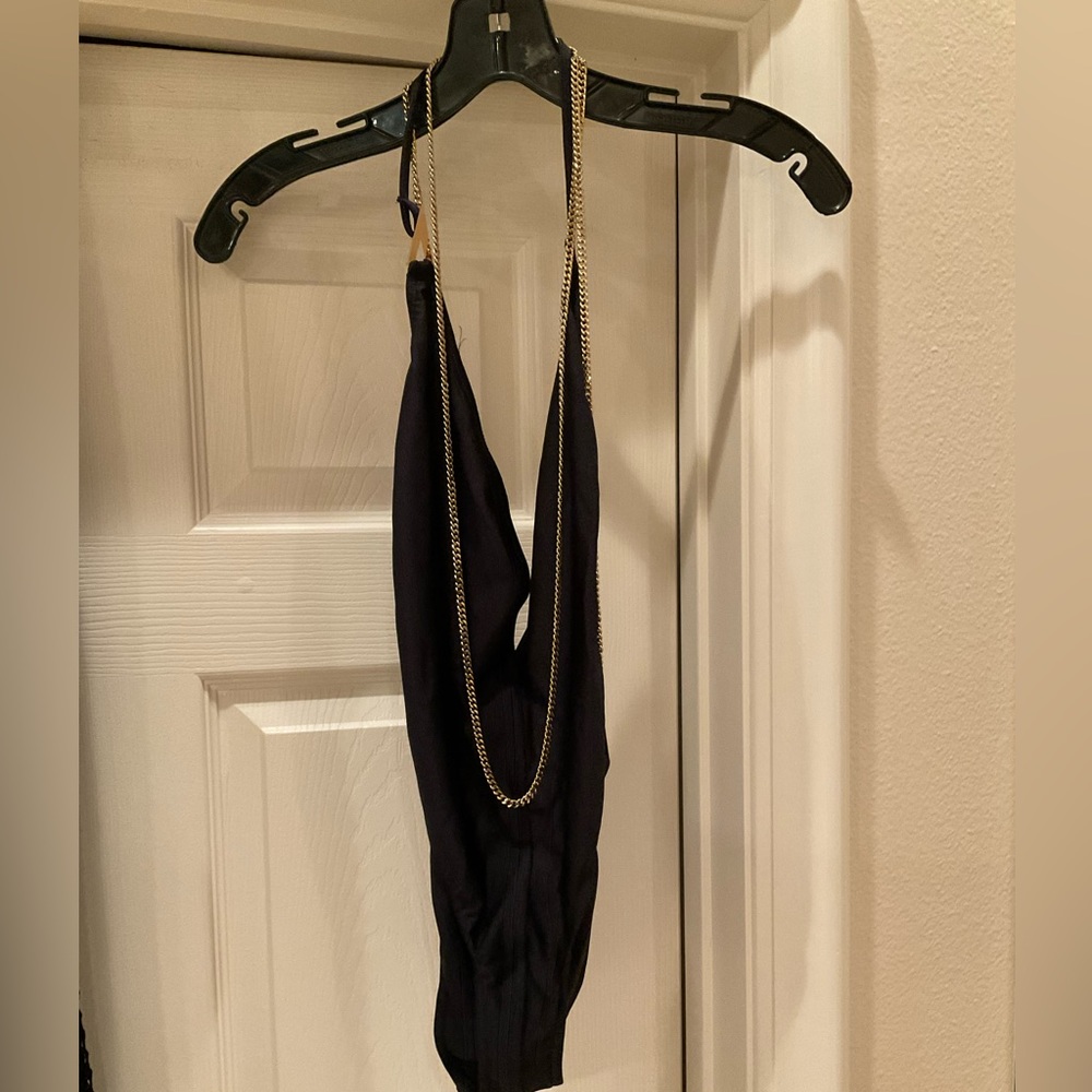 ALEXANDRE VAUTHIER BLACK PLUNGE BODYSUIT SIZE 36FR GOLD WRAP CHAIN BACKLESS